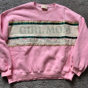 Judith March Pullover Girl Mom Oversized Metallic Ribbon Sweatshirt M/L Pink